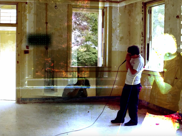 San Ale praying into a mic overlayed with a shot of him kneeling and praying